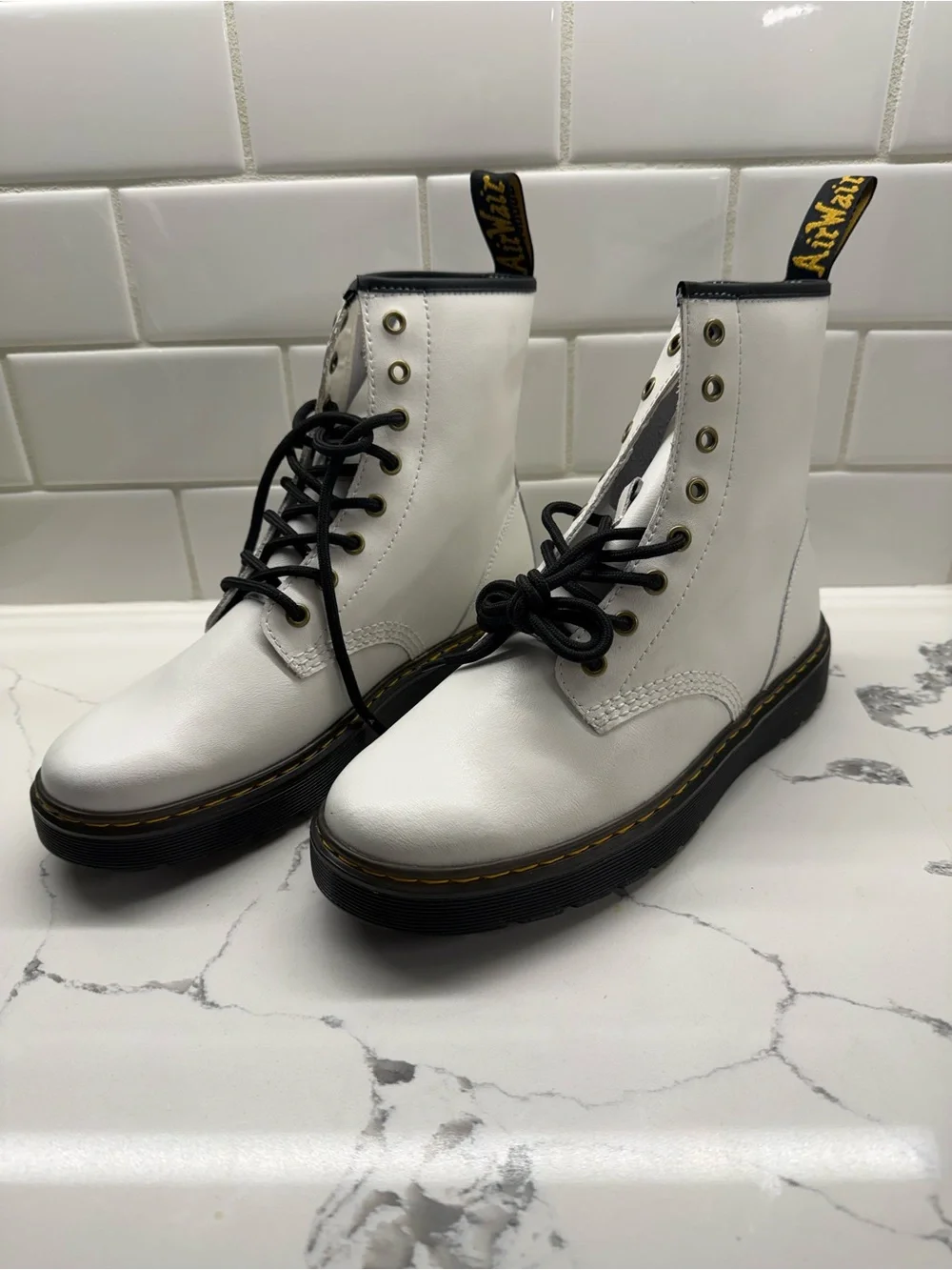 Dr. Martens White Leather Lace-Up Platform Boots with Black Sole